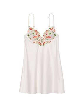 Victoria's Secret Slip Dress Satin White with Strawberry 🍓 Embroidery Size XL